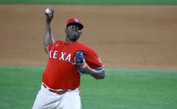 Demarcus Evans of the Texas Rangers pitches against the Minnesota Twins during the tenth inning at Globe Life Field on June 18, 2021 in Arlington,...