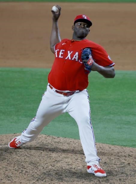 Demarcus Evans of the Texas Rangers pitches against the Minnesota Twins during the tenth inning at Globe Life Field on June 18, 2021 in Arlington,...