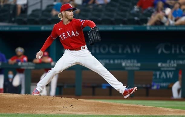 Mike Foltynewicz of the Texas Rangers pitches against the Minnesota Twins during the first inning at Globe Life Field on June 18, 2021 in Arlington,...