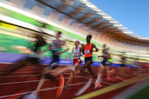 Athletes run in the Men's 10000 Meter final during day one of the 2020 U.S. Olympic Track & Field Team Trials at Hayward Field on June 18, 2021 in...