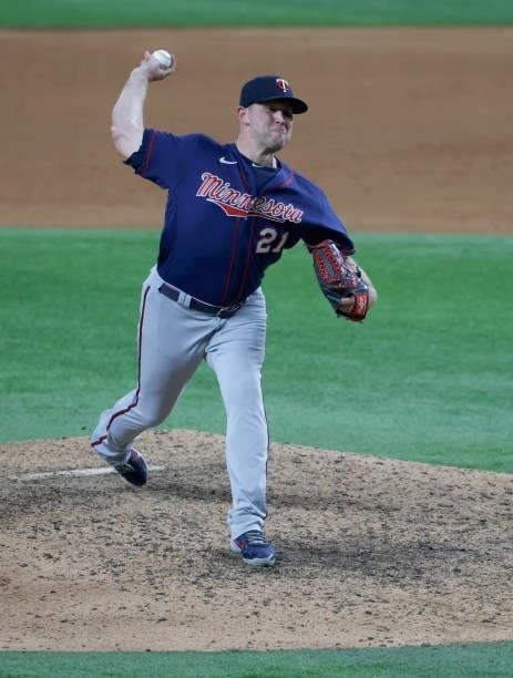 Tyler Duffey of the Minnesota Twins pitches against the Texas Rangers during the tenth inning at Globe Life Field on June 18, 2021 in Arlington,...