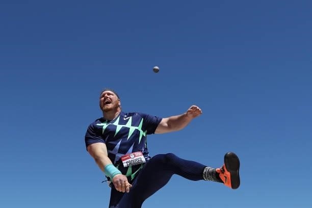 Ryan Crouser competes in Men's Shot Put Qualifying during day one of the 2020 U.S. Olympic Track & Field Team Trials at Hayward Field on June 18,...