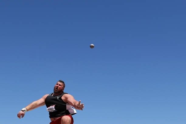 Joe Kovacs competes in Men's Shot Put Qualifying during day one of the 2020 U.S. Olympic Track & Field Team Trials at Hayward Field on June 18, 2021...