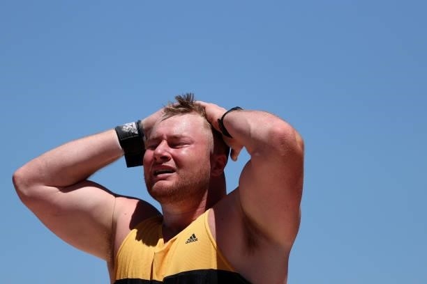 Lucas Warning reacts in Men's Shot Put Qualifying during day one of the 2020 U.S. Olympic Track & Field Team Trials at Hayward Field on June 18, 2021...