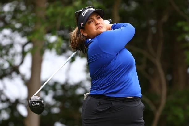 Lizette Salas watches her drive on the fourth hole during round three of the Meijer LPGA Classic for Simply Give at Blythefield Country Club on June...