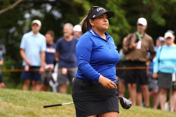 Lizette Salas walks off the fourth tee during round three of the Meijer LPGA Classic for Simply Give at Blythefield Country Club on June 19, 2021 in...