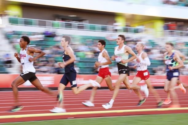 Athletes compete in the Men's 10000 Meter final during day one of the 2020 U.S. Olympic Track & Field Team Trials at Hayward Field on June 18, 2021...