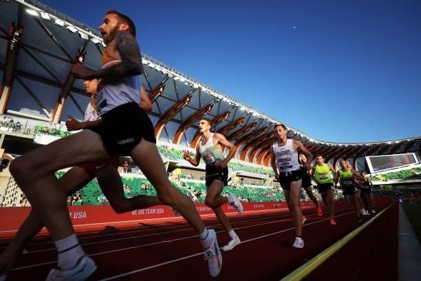 Athletes compete in the Men's 10000 Meter final during day one of the 2020 U.S. Olympic Track & Field Team Trials at Hayward Field on June 18, 2021...