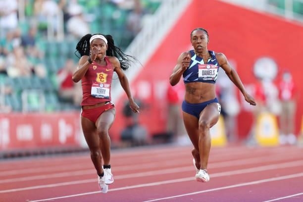 Twanisha Terry and Teahna Daniels compete in the first round of the Women's 100 Meters during day one of the 2020 U.S. Olympic Track & Field Team...