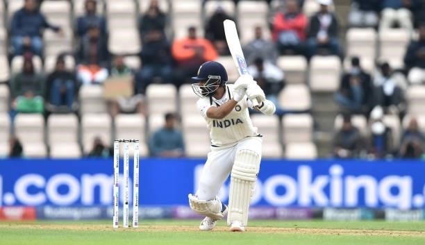 Ajinkya Rahane of India bats during Day 2 of the ICC World Test Championship Final between India and New Zealand at Hampshire Bowl on June 19, 2021...