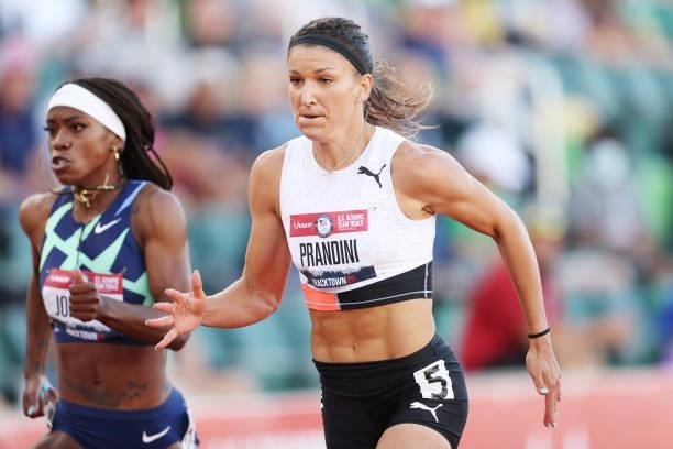 Kortnei Johnson and Jenna Prandini compete in the first round of the Women's 100 Meters during day one of the 2020 U.S. Olympic Track & Field Team...
