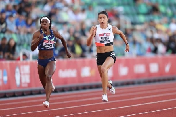 Kortnei Johnson and Jenna Prandini compete in the first round of the Women's 100 Meters during day one of the 2020 U.S. Olympic Track & Field Team...