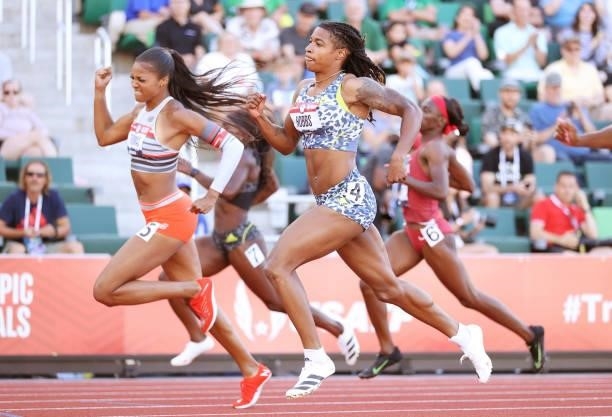 Aleia Hobbs competes in the first round of the Women's 100 Meters during day one of the 2020 U.S. Olympic Track & Field Team Trials at Hayward Field...