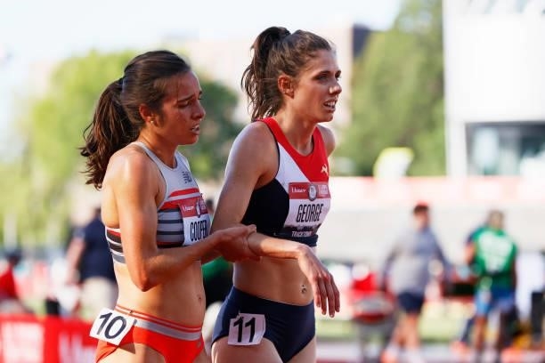 Abbey Cooper and Sammy George react after competing in the first round of the Women's 5000 Meter during day one of the 2020 U.S. Olympic Track &...