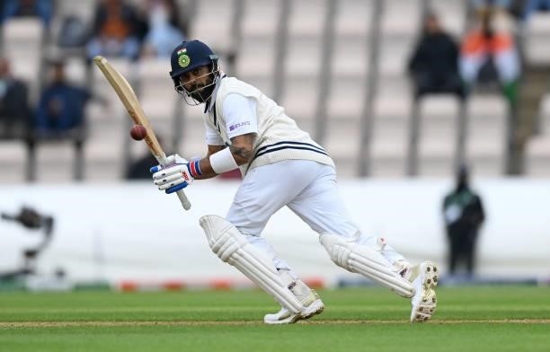 Virat Kohli of India bats during Day 2 of the ICC World Test Championship Final between India and New Zealand at The Ageas Bowl on June 19, 2021 in...