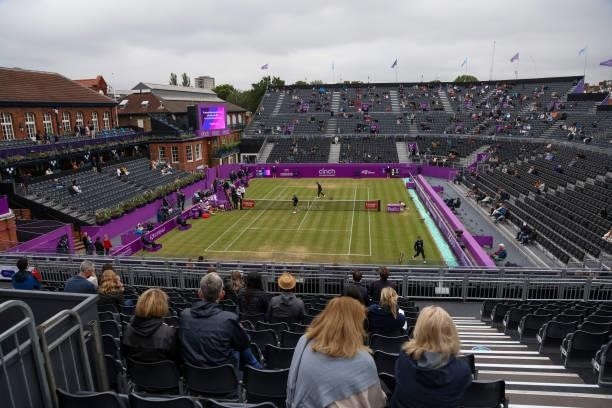Ground staff prepare centre court after a light rain shower during Day 6 of The cinch Championships at The Queen's Club on June 19, 2021 in London,...