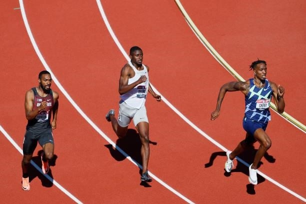 Tyler Johnson, Bryce Deadmon and Michael Cherry run in the first round of the Men's 400 Meters during day one of the 2020 U.S. Olympic Track & Field...