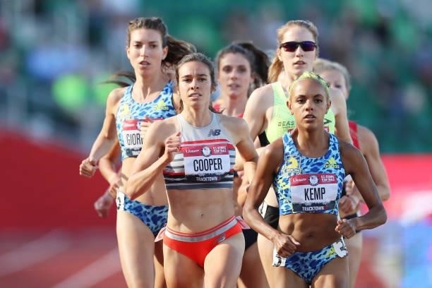 Abbey Cooper and Erika Kemp compete in the first round of the Women's 5000 Meter during day one of the 2020 U.S. Olympic Track & Field Team Trials at...