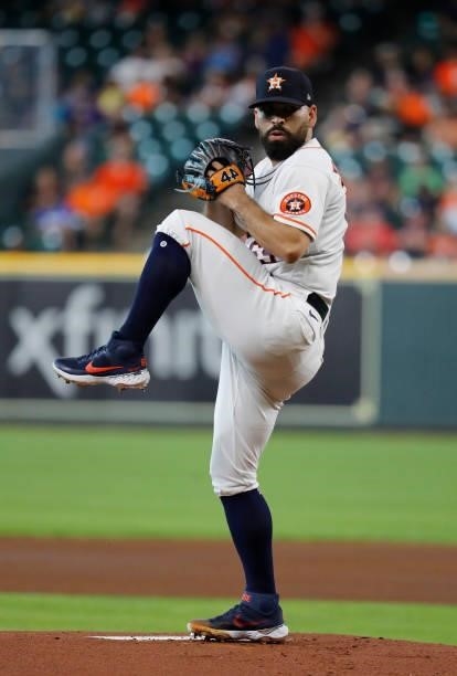 Jose Urquidy of the Houston Astros pitches against the Chicago White Sox at Minute Maid Park on June 17, 2021 in Houston, Texas.