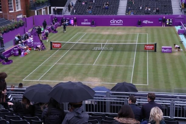 Rain delays play during Day 6 of The cinch Championships at The Queen's Club on June 19, 2021 in London, England.
