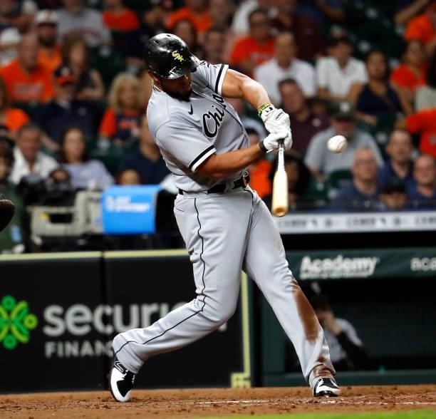 Jose Abreu of the Chicago White Sox bats against the Houston Astros at Minute Maid Park on June 17, 2021 in Houston, Texas.