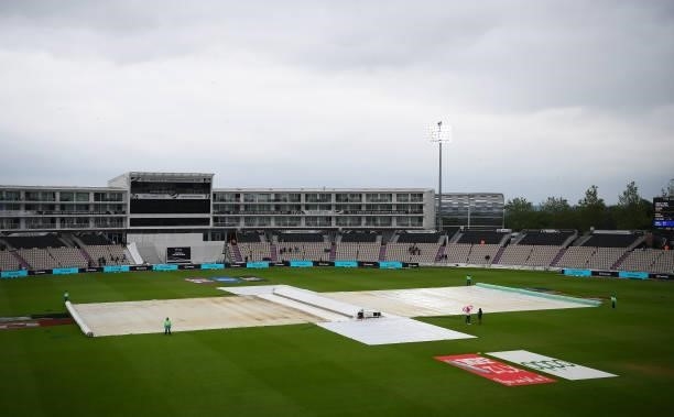 General view of the covers as play is delayed on Day 2 of the ICC World Test Championship Final between India and New Zealand at The Hampshire Bowl...