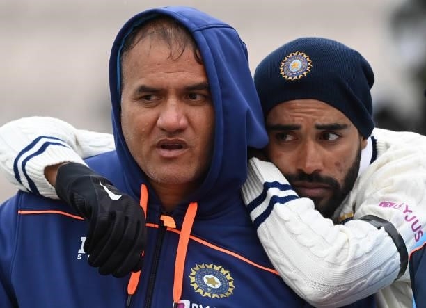 Rajeev Kumar, Sports Massage Therapist with bowler Mohammed Siraj during Day 2 of the ICC World Test Championship Final between India and New Zealand...