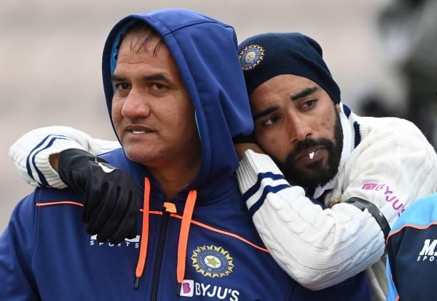 Rajeev Kumar, Sports Massage Therapist with bowler Mohammed Siraj during Day 2 of the ICC World Test Championship Final between India and New Zealand...