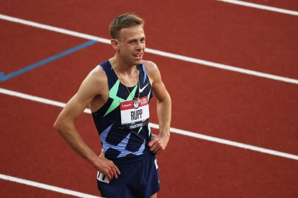Galen Rupp reacts after the Men's 10000 Meter final during day one of the 2020 U.S. Olympic Track & Field Team Trials at Hayward Field on June 18,...
