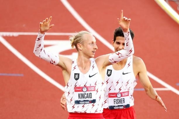Woody Kincaid and Grant Fisher react after finishing first and second place in the Men's 10000 Meter during day one of the 2020 U.S. Olympic Track &...