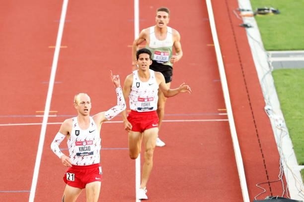 Woody Kincaid, Grant Fisher and Joe Klecker come to the finish line in the Men's 10000 Meter final during day one of the 2020 U.S. Olympic Track &...