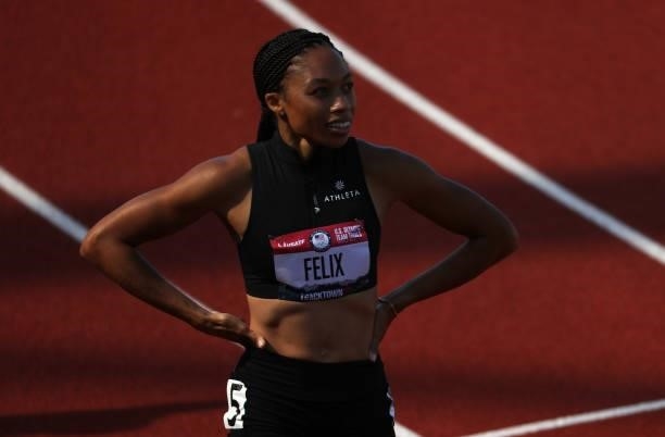 Allyson Felix reacts after running in the Women's 400 Meter Dash heats during day one of the 2020 U.S. Olympic Track & Field Team Trials at Hayward...