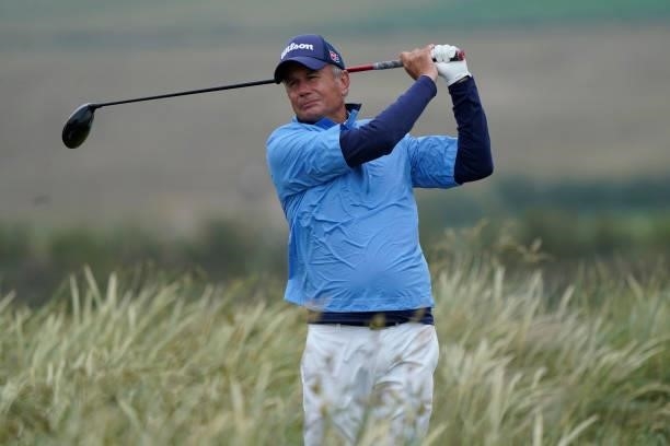 Paul Eales of England in action during the second round of the Farmfoods Legends European Links Championship hosted by Ian Woosnam at Trevose Golf &...