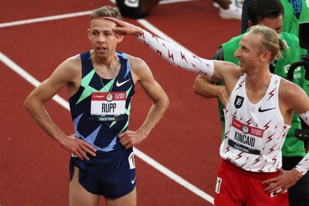 Galen Rupp and Woody Kincaid react after the Men's 10000 Meter final during day one of the 2020 U.S. Olympic Track & Field Team Trials at Hayward...
