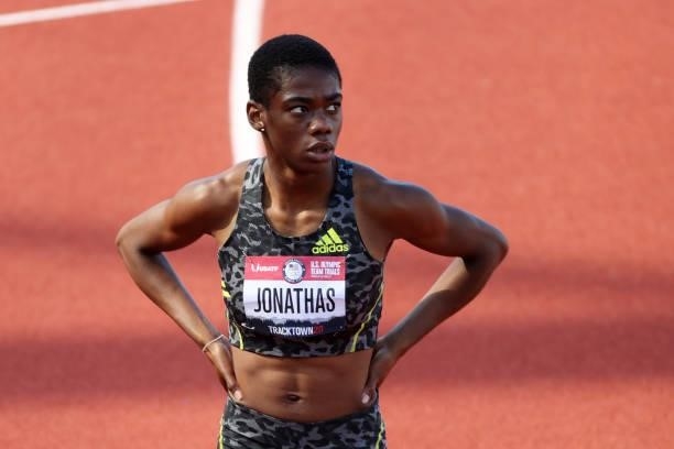 Wadeline Jonathas reacts after competing in the first round of the Women's 400 Meter during day one of the 2020 U.S. Olympic Track & Field Team...