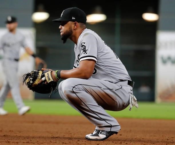 Jose Abreu of the Chicago White Sox during a break in the action against the Houston Astros at Minute Maid Park on June 17, 2021 in Houston, Texas.