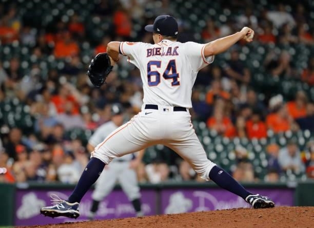 Brandon Bielak of the Houston Astros delivers against the Chicago White Sox at Minute Maid Park on June 17, 2021 in Houston, Texas.