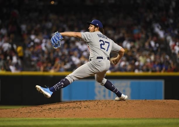 Trevor Bauer of the Los Angeles Dodgers delivers a pitch against the Arizona Diamondbacks at Chase Field on June 18, 2021 in Phoenix, Arizona.