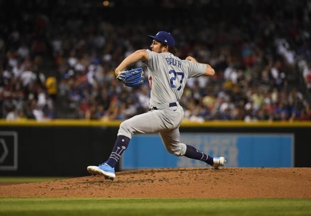 Trevor Bauer of the Los Angeles Dodgers delivers a pitch against the Arizona Diamondbacks at Chase Field on June 18, 2021 in Phoenix, Arizona.