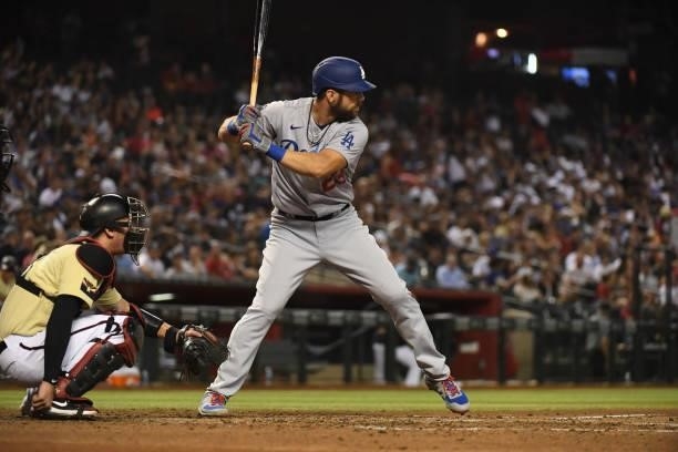 Steven Souza of the Los Angeles Dodgers gets ready in the batters box against the Arizona Diamondbacks at Chase Field on June 18, 2021 in Phoenix,...