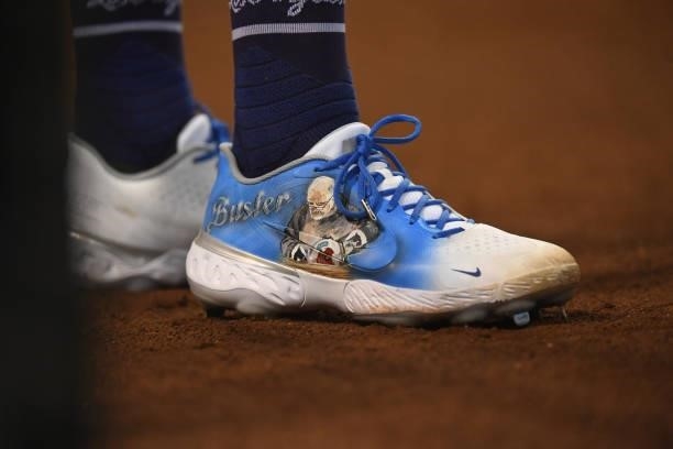 Detail of the shoes of Trevor Bauer of the Los Angeles Dodgers during a game against the Arizona Diamondbacks at Chase Field on June 18, 2021 in...