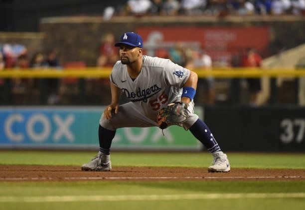 Albert Pujols of the Los Angeles Dodgers gets ready to make a play at first base against the Arizona Diamondbacks at Chase Field on June 18, 2021 in...