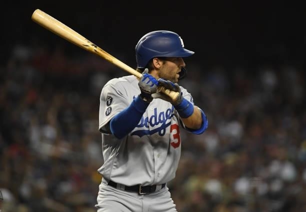 Chris Taylor of the Los Angeles Dodgers gets ready in the batters box against the Arizona Diamondbacks at Chase Field on June 18, 2021 in Phoenix,...