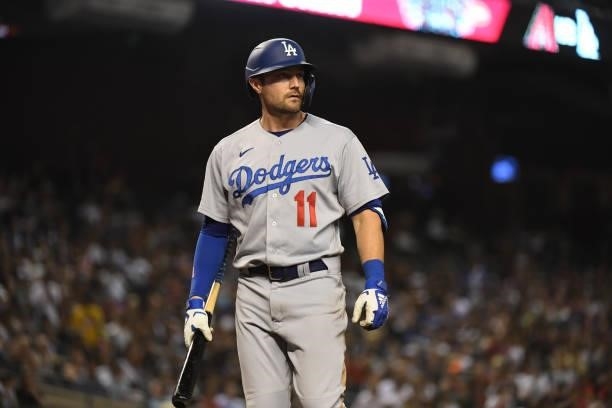 Pollock of the Los Angeles Dodgers gets ready to step into the batters box against the Arizona Diamondbacks at Chase Field on June 18, 2021 in...
