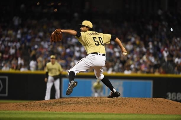 Noe Ramirez of the Arizona Diamondbacks delivers a pitch against the Los Angeles Dodgers at Chase Field on June 18, 2021 in Phoenix, Arizona.