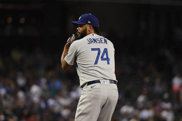 Kenley Jansen of the Los Angeles Dodgers delivers a ninth inning pitch against the Arizona Diamondbacks at Chase Field on June 18, 2021 in Phoenix,...