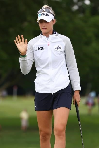Nelly Korda reacts to her birdie on the 17th green during round three of the Meijer LPGA Classic for Simply Give at Blythefield Country Club on June...