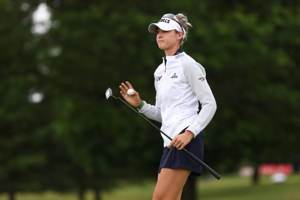 Nelly Korda reacts to her birdie on the 17th green during round three of the Meijer LPGA Classic for Simply Give at Blythefield Country Club on June...