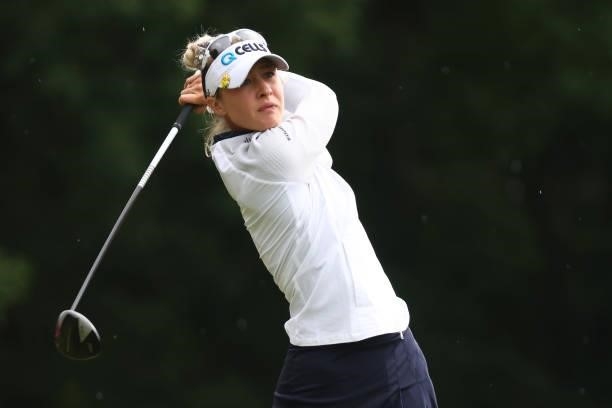 Nelly Korda watches her drive on the 17th hole during round three of the Meijer LPGA Classic for Simply Give at Blythefield Country Club on June 19,...