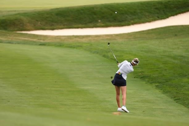 Nelly Korda hits her second shot on the 17th hole during round three of the Meijer LPGA Classic for Simply Give at Blythefield Country Club on June...
